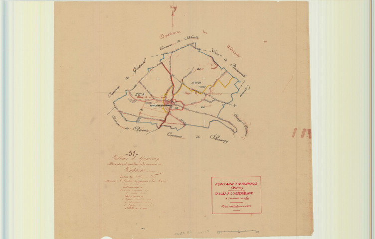 Fontaine-en-Dormois (51255). Tableau d'assemblage échelle 1/1000, plan mis à jour pour 1933, plan non régulier (papier)