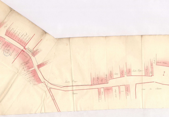 Projet de plan de redressement et élargissement de la traverse de Montmirail et du faubourg de Montléan, 1785.