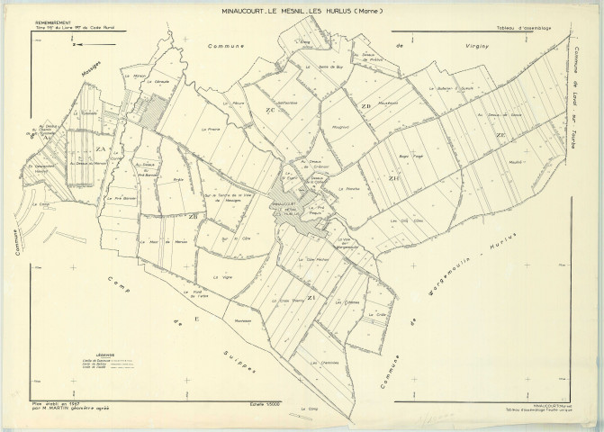 Minaucourt-le-Mesnil-lès-Hurlus (51368). Tableau d'assemblage échelle 1/5000, plan remembré pour 1967, plan régulier (papier)