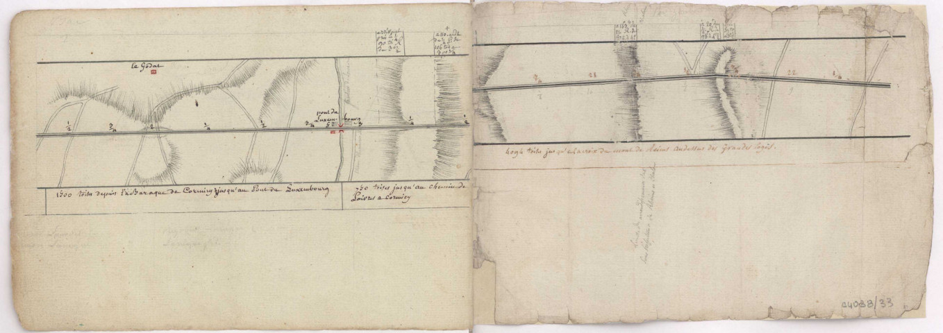 Cartes itineraires grandes routes, 1786 : Route de Flandres en Bourgogne par le Bac à Berri Reims et Chaalons, de la Baraque de Cormicy au chemin de Loivre à Cormicy.