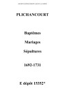 Plichancourt. Baptêmes, mariages, sépultures 1692-1731