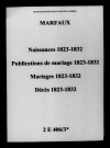 Marfaux. Naissances, publications de mariage, mariages, décès 1823-1832