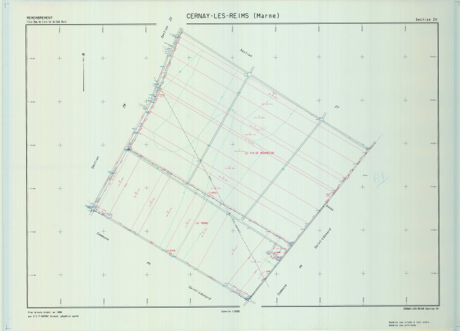 Cernay-lès-Reims (51105). Section ZV échelle 1/2000, plan remembré pour 1999, plan régulier de qualité P5 (calque).