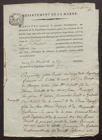 Gratreuil. Publications de mariage an XII-1927