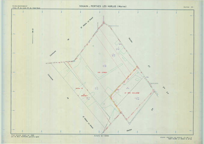 Souain-Perthes-lès-Hurlus (51553). Section ZS échelle 1/2000, plan remembré pour 1986 (extension sur Saint-Hilaire-le-Grand section YE), plan régulier (calque)