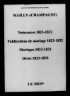 Mailly. Naissances, publications de mariage, mariages, décès 1823-1832