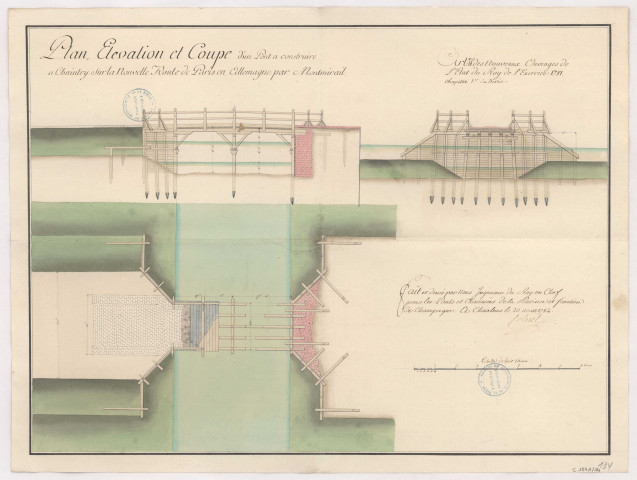 Route nationale n° 33. Plan élévation et coupe du pont à construire à Chaintry sur la nouvelle route de Paris, 1782.