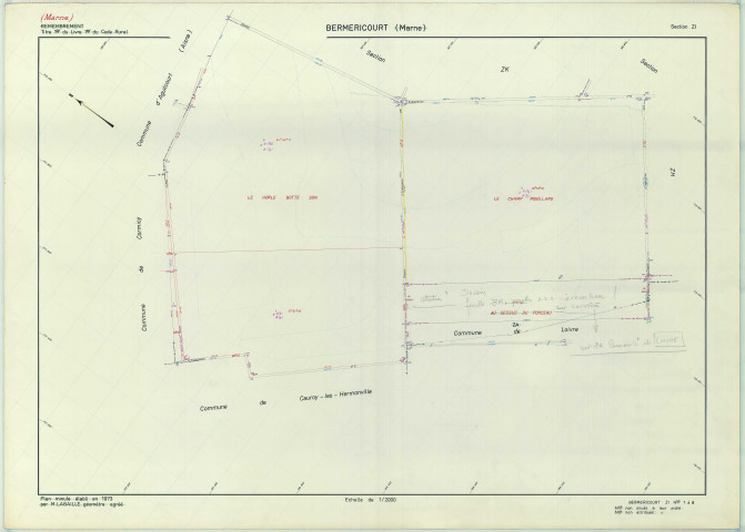Berméricourt (51051). Section ZI échelle 1/2000, plan remembré pour 1976, plan régulier (papier armé).