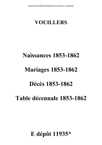 Vouillers. Naissances, mariages, décès et tables décennales des naissances, mariages, décès 1853-1862