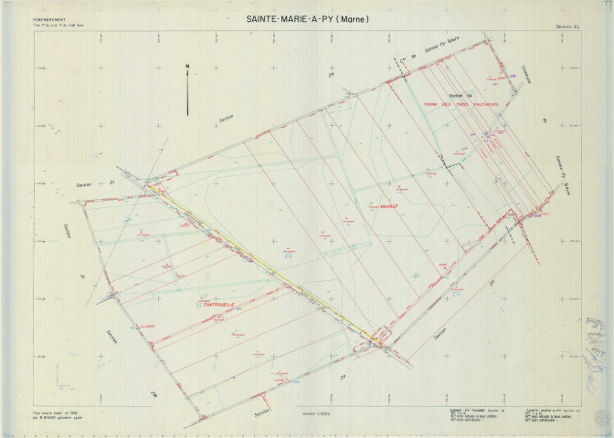 Sainte-Marie-à-Py (51501). Section ZL échelle 1/2000, plan remembré pour 1982 (extension sur Sommepy-Tahure section YA), plan régulier (calque)