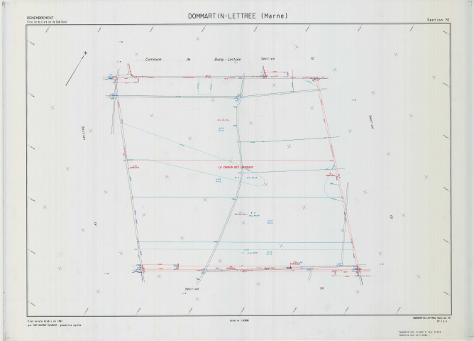 Dommartin-Lettrée (51212). Section YE échelle 1/2000, plan remembré pour 1991, plan régulier (calque)