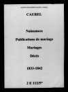 Caurel. Naissances, publications de mariage, mariages, décès 1833-1842