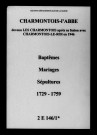 Charmontois-l'Abbé. Baptêmes, mariages, sépultures 1729-1759
