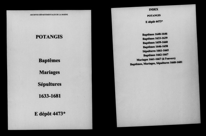 Potangis. Baptêmes, mariages, sépultures 1633-1681