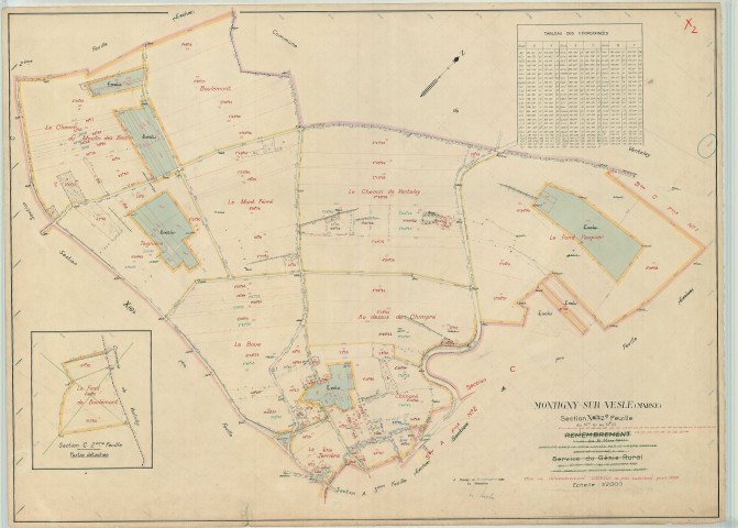Montigny-sur-Vesle (51379). Section X2 échelle 1/2000, plan remembré pour 1959, plan régulier (papier).