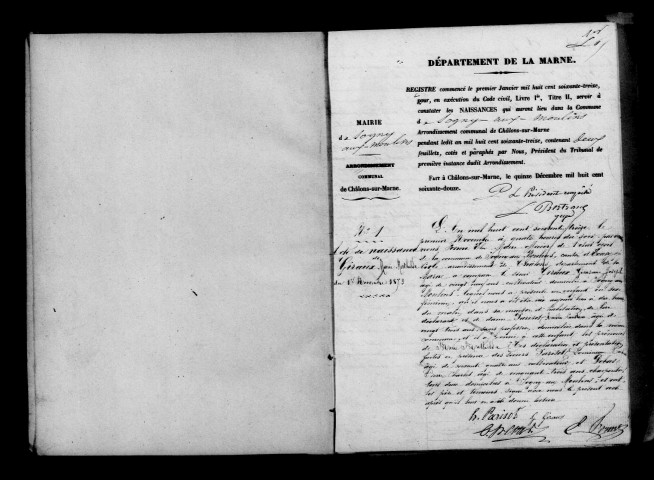 Sogny-aux-Moulins. Naissances, mariages, décès et tables décennales des naissances, mariages, décès 1873-1882