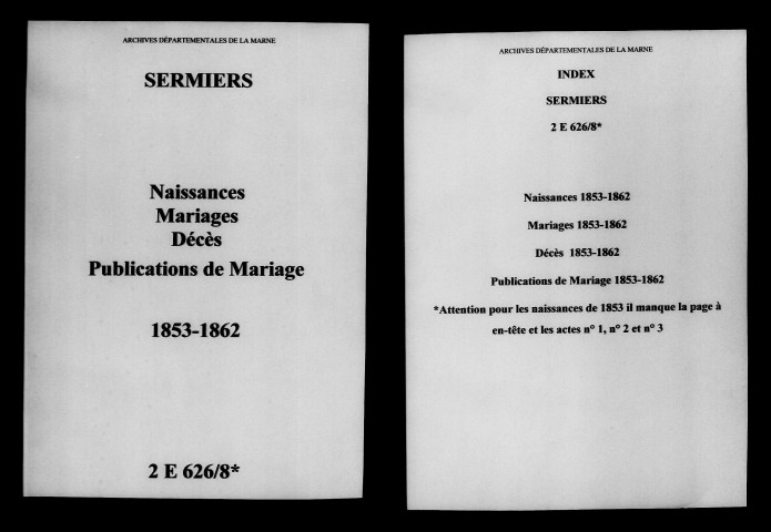 Sermiers. Naissances, mariages, décès, publications de mariage 1853-1862