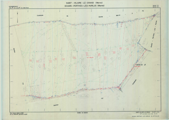 Saint-Hilaire-le-Grand (51486). Section YD 2 échelle 1/2000, plan remembré pour 1983 (extension sur Souain-Perthes-les-Hurlus section ZA), plan régulier (calque)