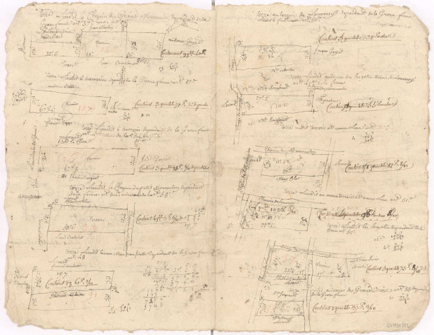 Plan terrier. Village et terroir de Bouy appartenant à Madame l'Abbesse d'Avenay, XVI-XVIIIème s. lieudit "le chemin du Grand Mourmelon", "le traversin", "le chemin du petit Mourmelon", "laneau". Terroir de Louversy, lieudit "la sence Madame Labesse", "au dessus des Sergotin", "au dessus des GrandBois".