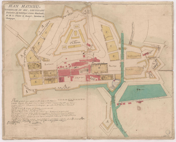 Plan général pour servir et être suivy au retablissement de la ville de Sainte Manihould par Jean Mathieu conseiller du roy, 1747.