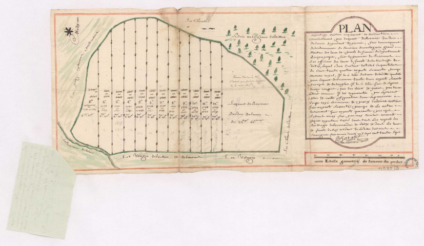 Maitrise particulière de Vitry-le-François. Plan arpentage division règlement et distraction préalablement pris du quart de réserve du bois dulmois, 1737.
