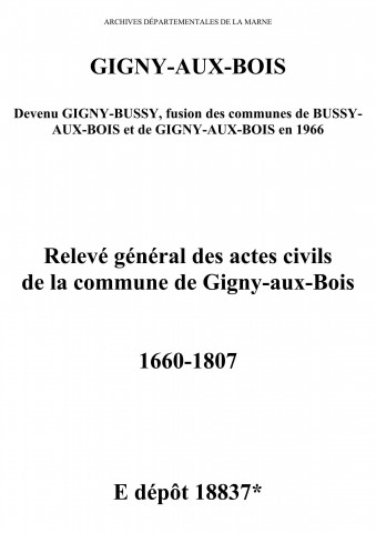 Gigny-aux-Bois. Relevé général des actes civils 1660-1807