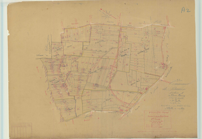 Pouillon (51444). Section A2 échelle 1/1250, plan mis à jour pour 1939, plan non régulier (papier).