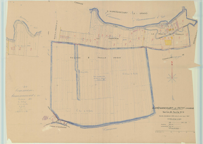 Auménancourt (51025). Section A3 échelle 1/1250, plan mis à jour pour 1957, ancienne commune Aumenancourt le petit (51026), plan non régulier (papier).