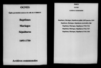 Ognes. Baptêmes, mariages, sépultures 1693-1730