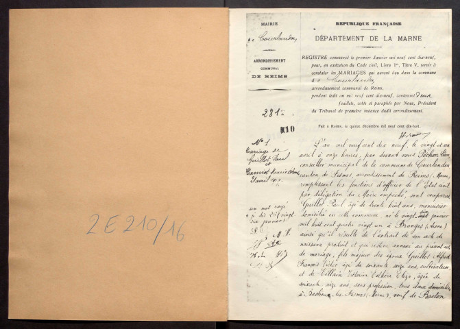 Courlandon. Mariages, décès 1919-1929