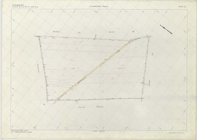 Clamanges (51154). Section ZB échelle 1/2000, plan remembré pour 1971, plan régulier (papier armé)