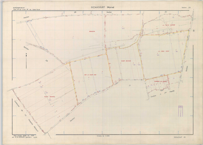 Gizaucourt (51274). Section ZD échelle 1/2000, plan remembré pour 1970, plan régulier (papier armé)