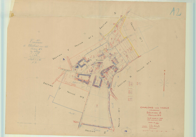 Châlons-sur-Vesle (51109). Section A2 échelle 1/1000, plan mis à jour pour 1958, plan non régulier (papier).