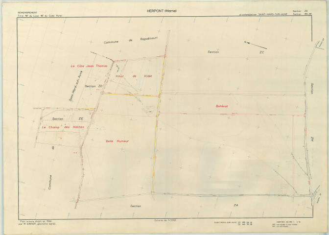 Herpont (51292). Section ZB ZD ZE échelle 1/2000, plan remembré pour 1966 (extension sur Saint-Mard-sur-Auve sections ZD et ZE), plan régulier (papier armé)