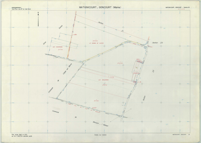 Matignicourt-Goncourt (51356). Section ZH échelle 1/2000, plan remembré pour 1979, plan régulier (papier armé)
