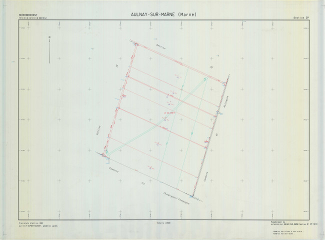 Aulnay-sur-Marne (51023). Section ZP échelle 1/2000, plan remembré pour 1990, plan régulier (calque)