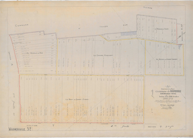 Warmeriville (51660). Section S2 échelle 1/1250, plan remembré pour 1923, plan régulier (papier).