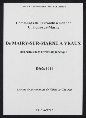 Communes de Mairy-sur-Marne à Vraux de l'arrondissement de Châlons. Décès 1911