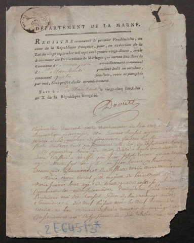 Somme-Yèvre. Publications de mariage an XI-1927