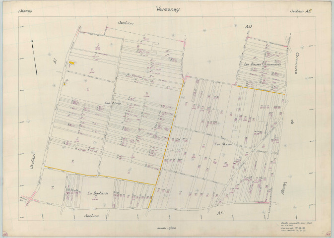 Verzenay (51613). Section AE échelle 1/1000, plan renouvelé pour 1960, plan régulier (papier armé).