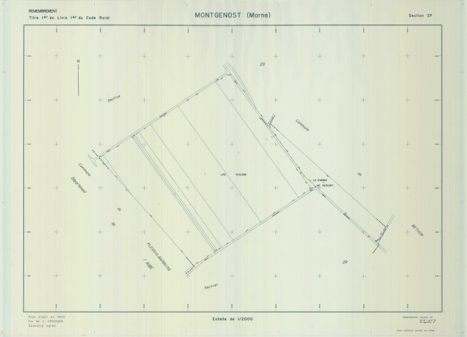 Montgenost (51376). Section ZP échelle 1/2000, plan renouvelé pour 01/01/1964, régulier avant 20/03/1980 (calque)