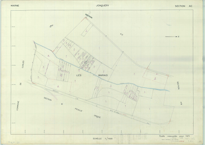 Jonquery (51309). Section AC échelle 1/1000, plan renouvelé pour 1971, plan régulier (papier armé).