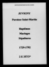 Juvigny. Saint-Martin. Baptêmes, mariages, sépultures 1729-1792