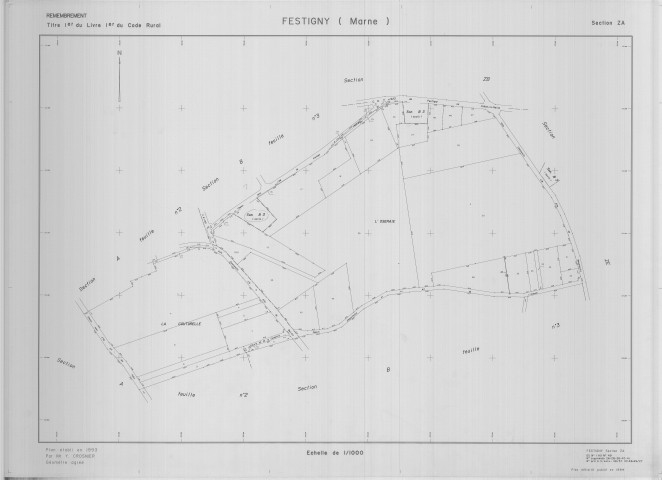 Festigny (51249). Section ZA échelle 1/1000, plan remembré pour 01/01/1994, plan régulier de qualité P4 (calque)
