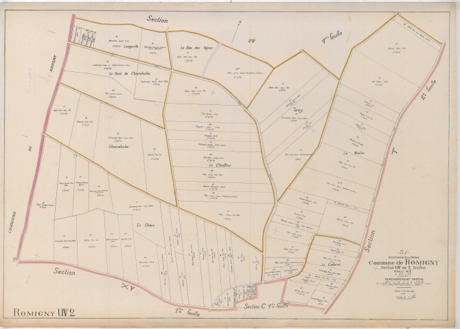 Romigny (51466). Section U2 2 échelle 1/2000, plan remembré pour 1927, plan régulier (papier).