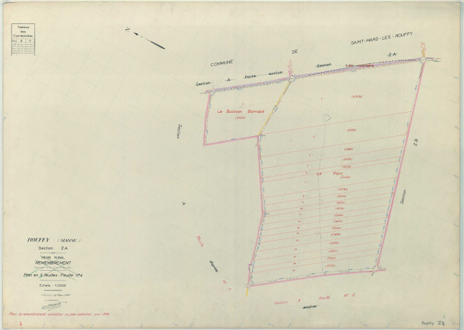 Rouffy (51469). Section ZA échelle 1/2000, plan remembré pour 1958, plan régulier (papier armé)