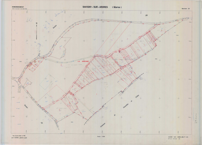 Savigny-sur-Ardres (51527). Section ZN échelle 1/1000, plan renouvelé pour 1990, plan régulier de qualité P5 (calque).