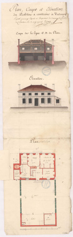 Plan, coupe et élévation du presbytère à construire à Vadenay, 1773.