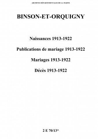 Binson-et-Orquigny. Naissances, publications de mariage, mariages, décès 1913-1922