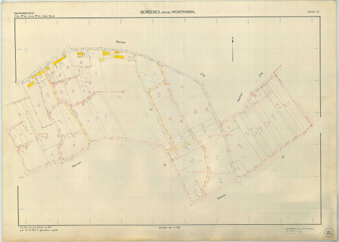 Bergères-sous-Montmirail (51050). Section ZL échelle 1/1000, plan remembré pour 01/01/1974, régulier avant 20/03/1980 (papier armé)